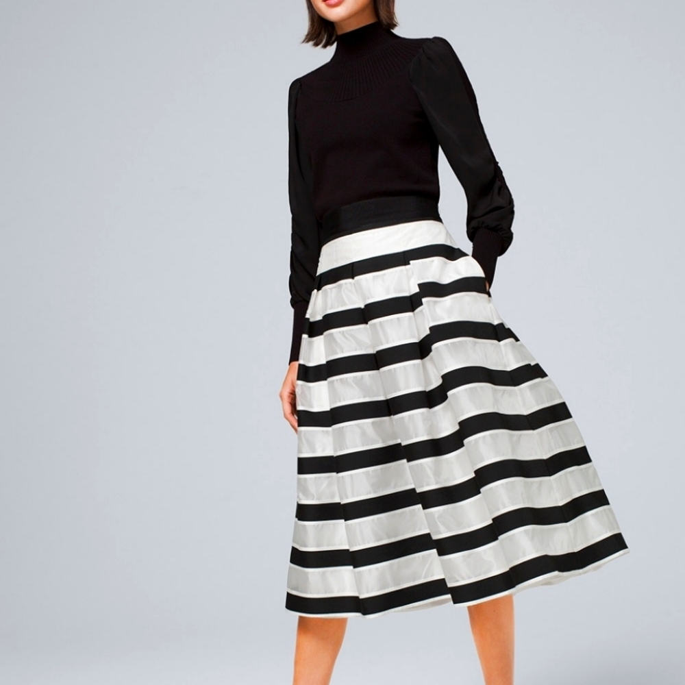 White House Black Market Black and White Striped Midi Skirt